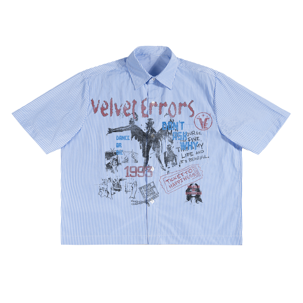 Velvet Errors Dance or Die button-up shirt with bold graphic design, long sleeves, and classic collar for stylish casual wear.