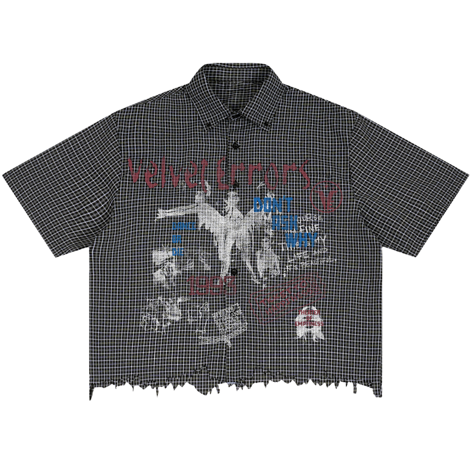 Velvet Errors Dance or Die distress button-up shirt in black with bold graphic design, casual fit, and long sleeves.