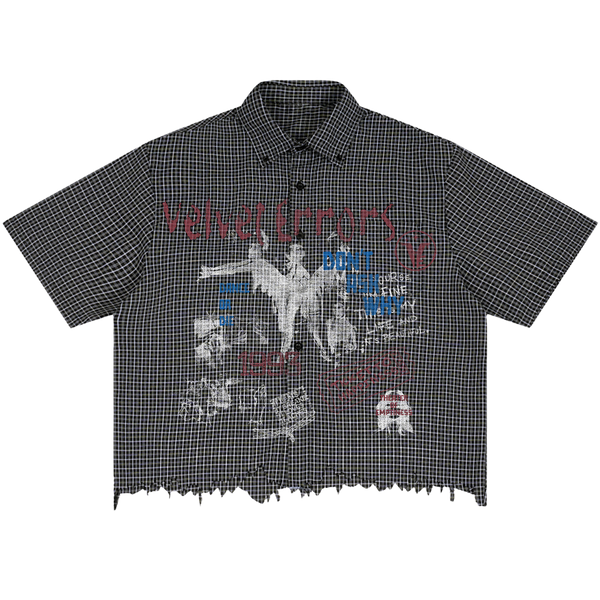 Velvet Errors Dance or Die distress button-up shirt in black with bold graphic design, casual fit, and long sleeves.