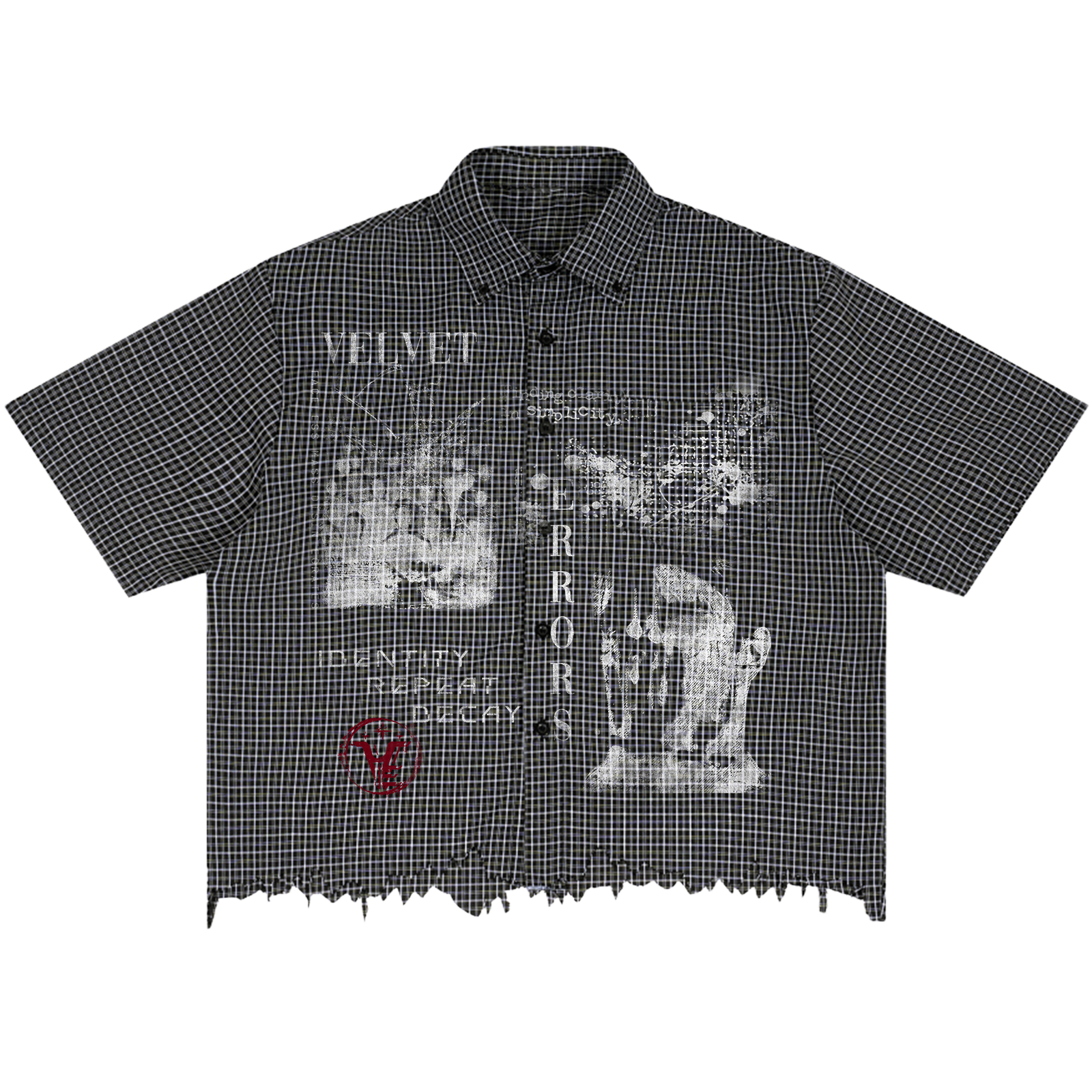 Velvet Errors Decay Distress Button-Up shirt featuring a distressed, vintage-inspired design in soft fabric.