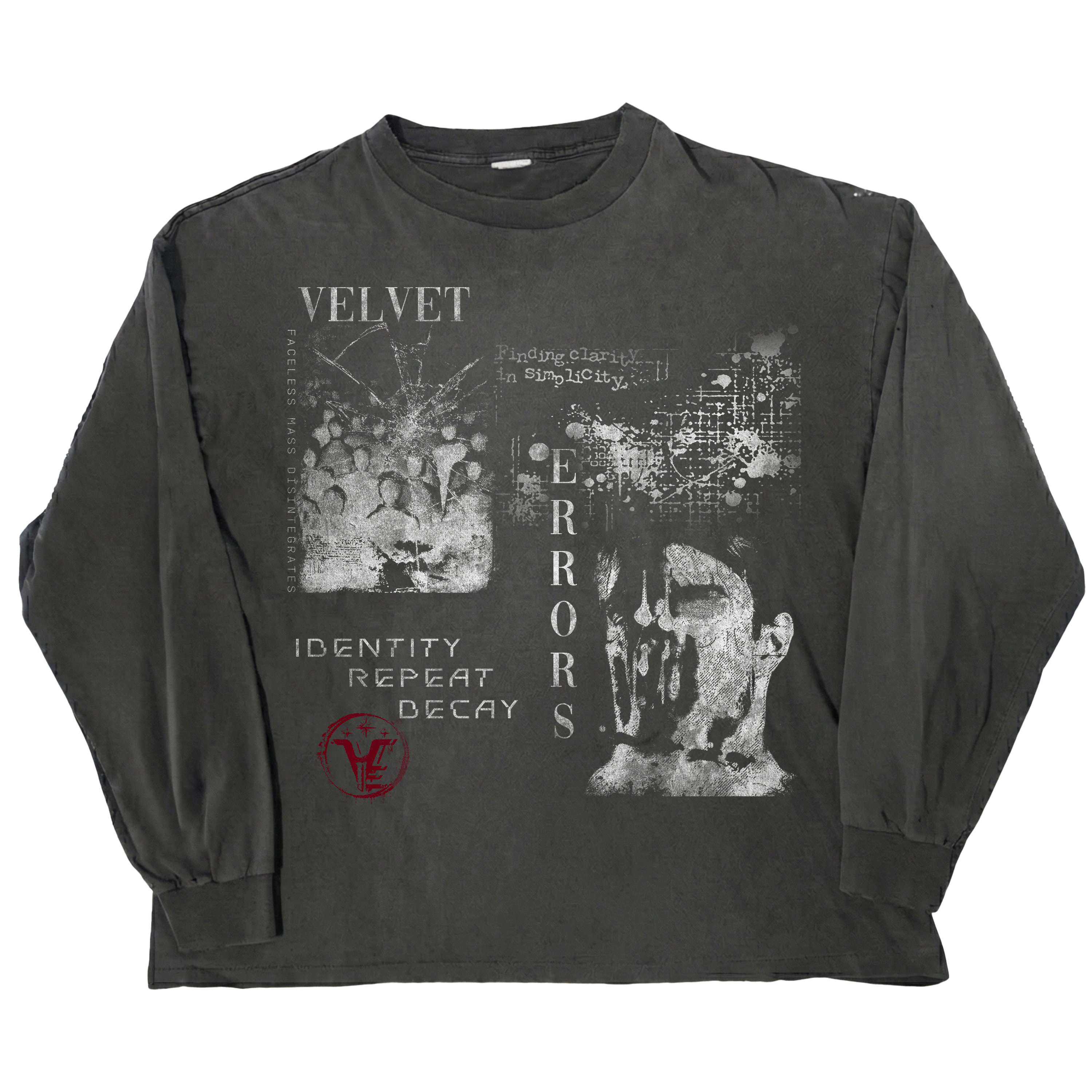 Velvet Errors Decay Long Sleeve shirt featuring a dark, textured design with long sleeves and a relaxed fit.
