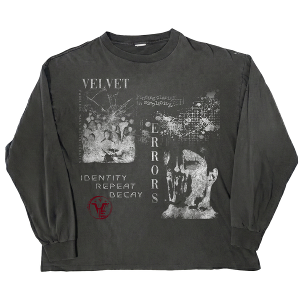 Velvet Errors Decay Long Sleeve shirt featuring a dark, textured design with long sleeves and a relaxed fit.