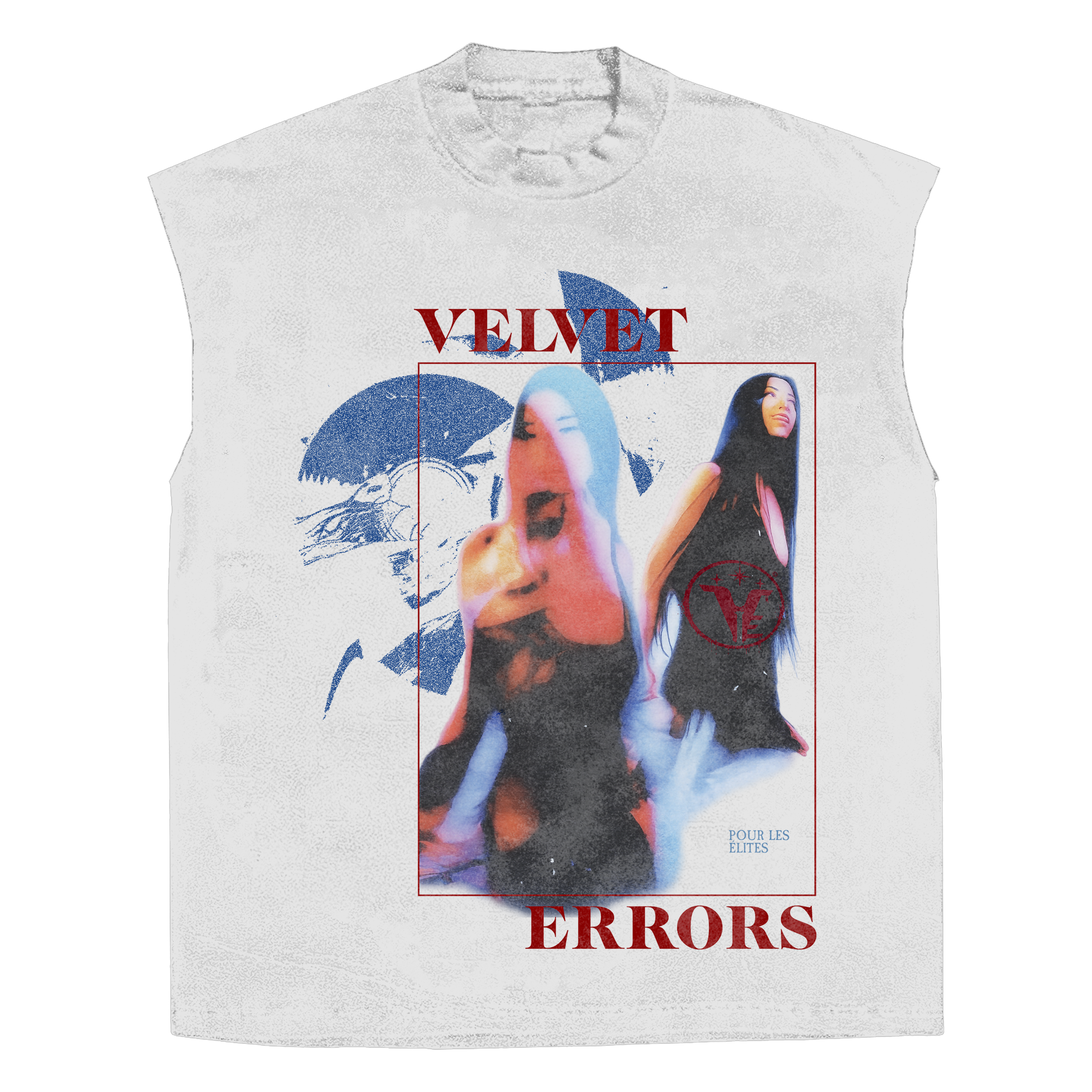 Velvet Errors Elites Sleeveless Tee in black, casual sleeveless shirt with round neckline, front graphic design, displayed flat.