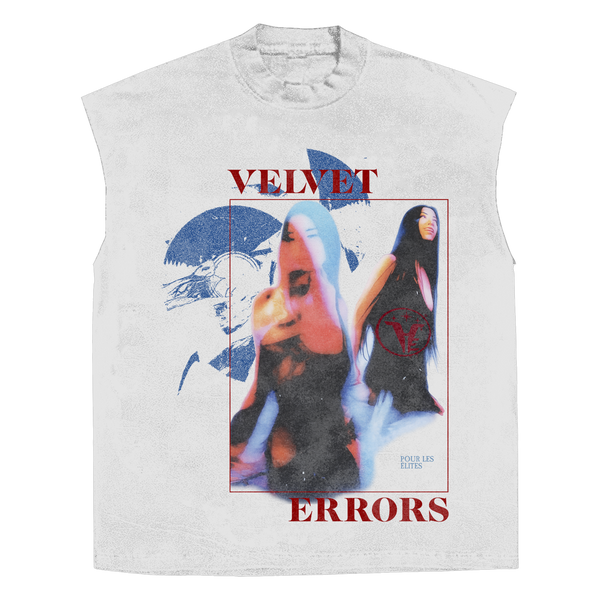 Velvet Errors Elites Sleeveless Tee in black, casual sleeveless shirt with round neckline, front graphic design, displayed flat.