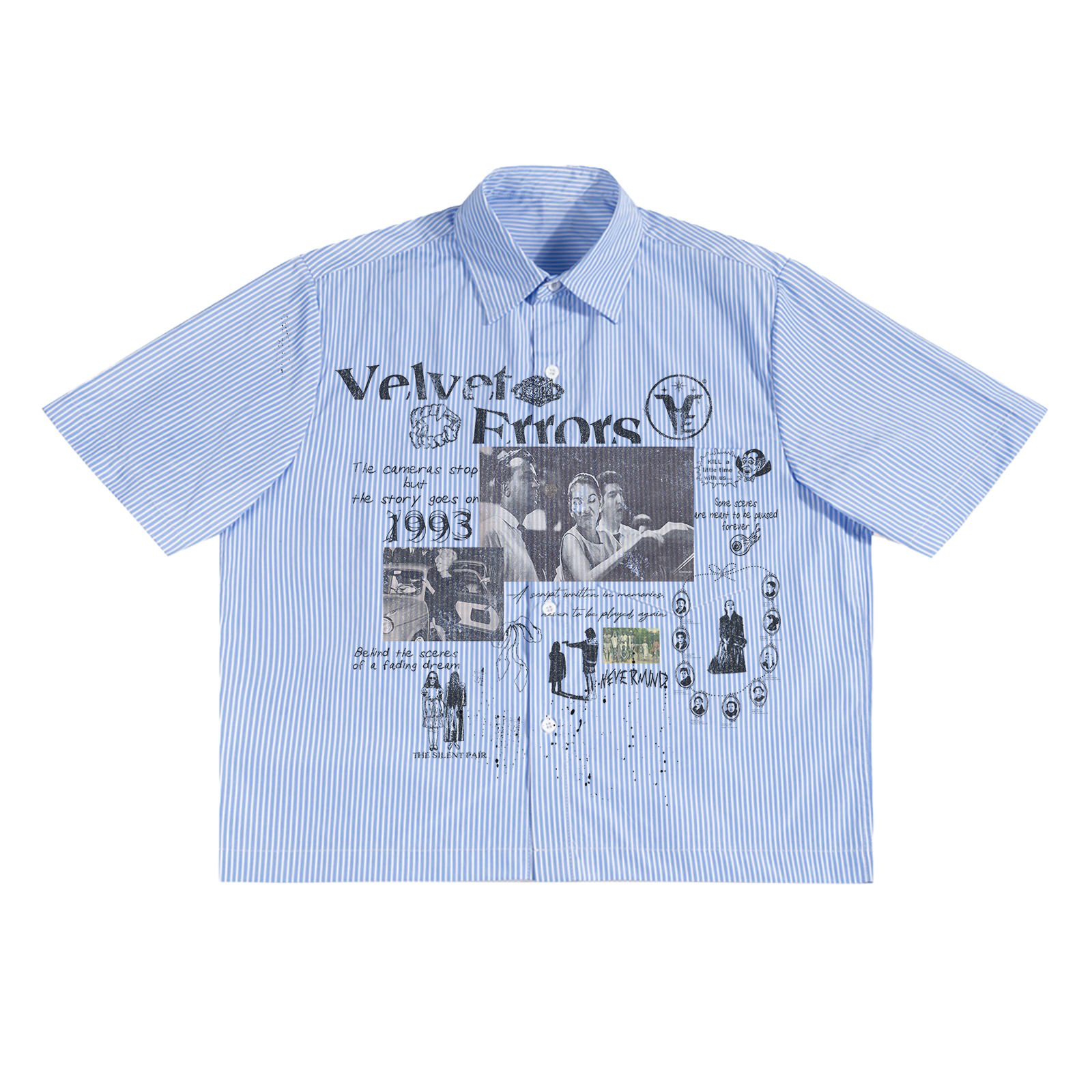 Velvet Errors Fade Out Button Up shirt in black with long sleeves and front buttons, close-up of fabric and design details.