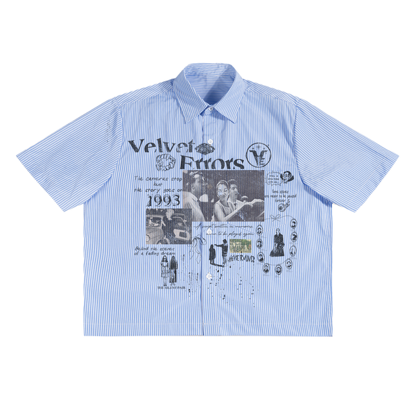 Velvet Errors Fade Out Button Up shirt in black with long sleeves and front buttons, close-up of fabric and design details.