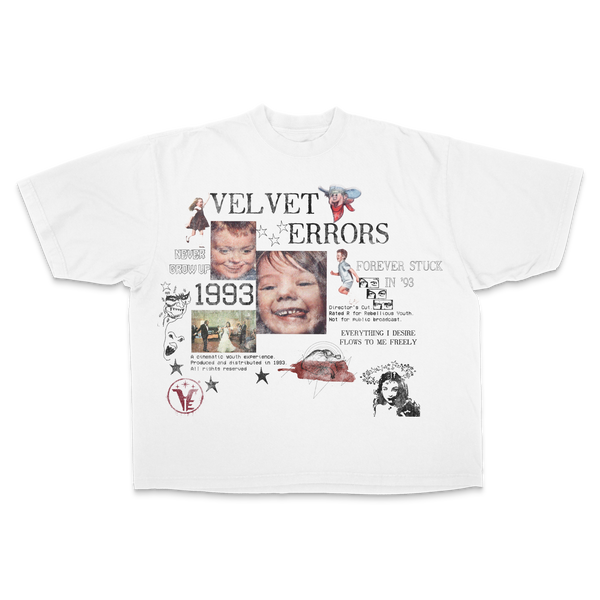 Black Forever Stuck Drop Tee by Velvet Errors displayed on a mannequin, featuring a relaxed fit and bold graphic design.