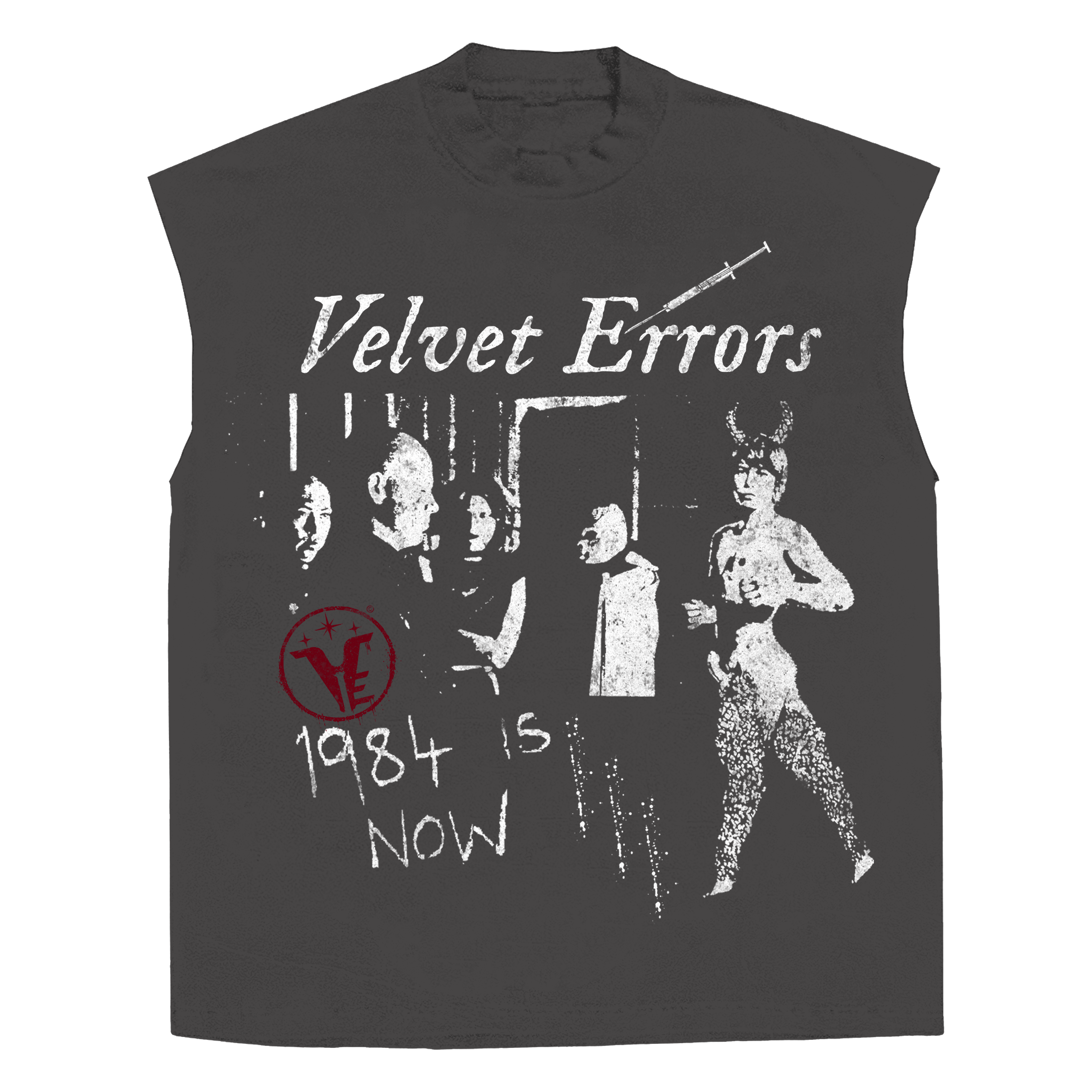 Grey 1984 Sleeveless T-shirt by Velvet Errors displayed flat, highlighting the minimalist design and soft fabric.