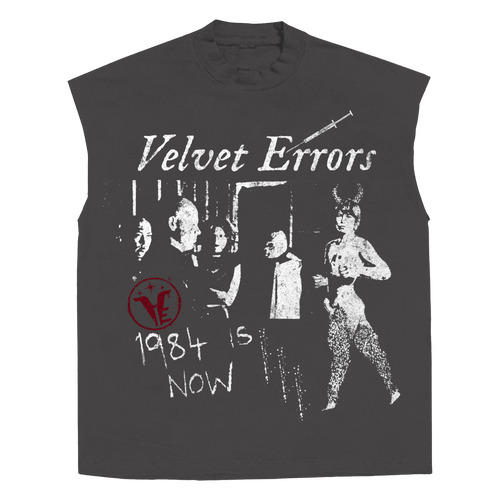 Grey 1984 Sleeveless T-shirt by Velvet Errors displayed flat, highlighting the minimalist design and soft fabric.