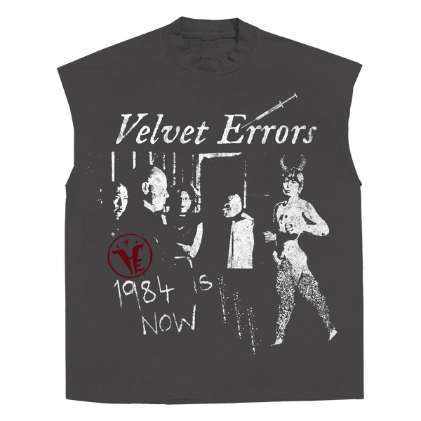 Grey 1984 Sleeveless T-shirt by Velvet Errors displayed flat, highlighting the minimalist design and soft fabric.