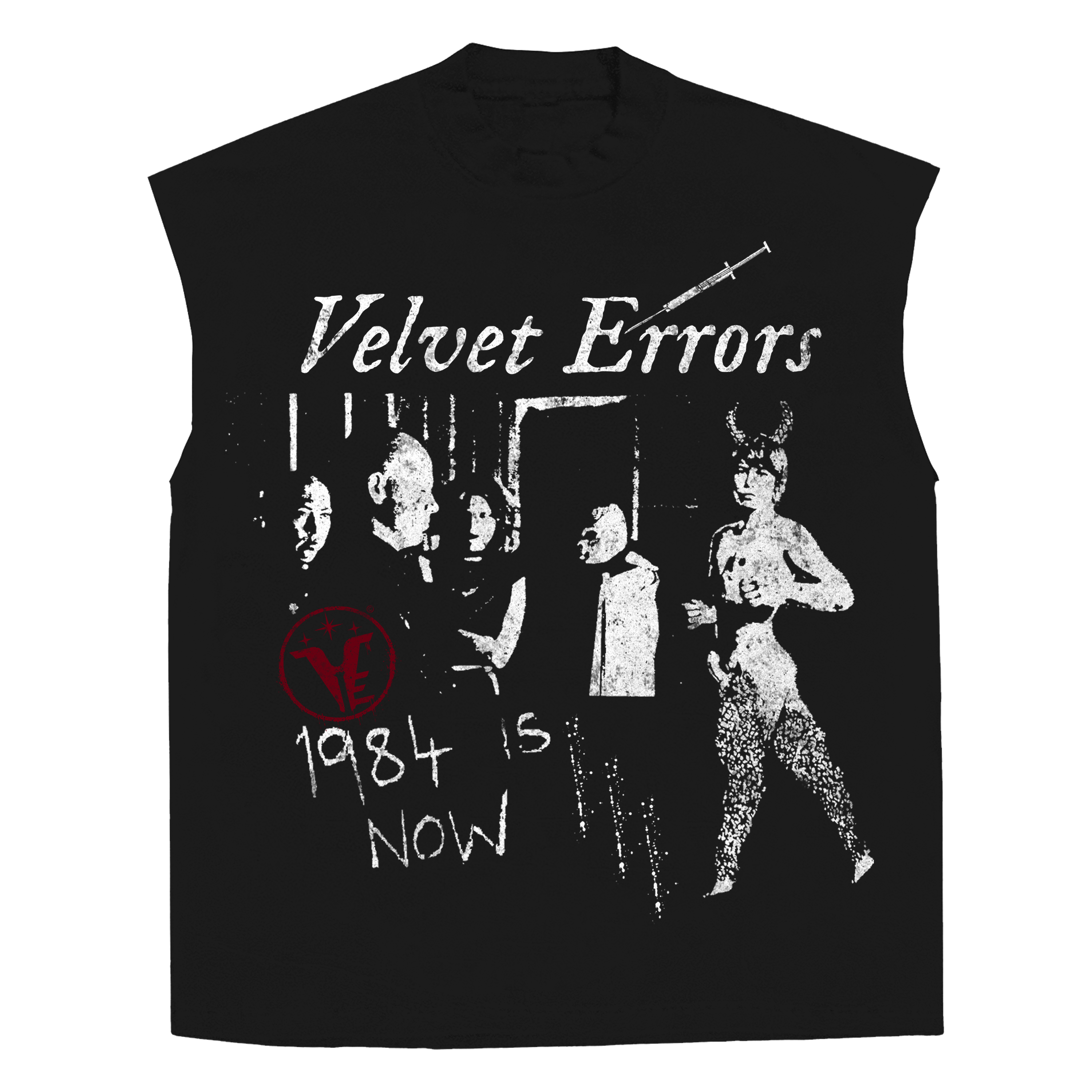 Gray sleeveless T-shirt from Velvet Errors featuring "1984" graphic design, casual style perfect for modern streetwear.