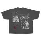Small grey Decay Drop T-shirt by Velvet Errors featuring a relaxed fit and graphic decay design on soft cotton fabric.