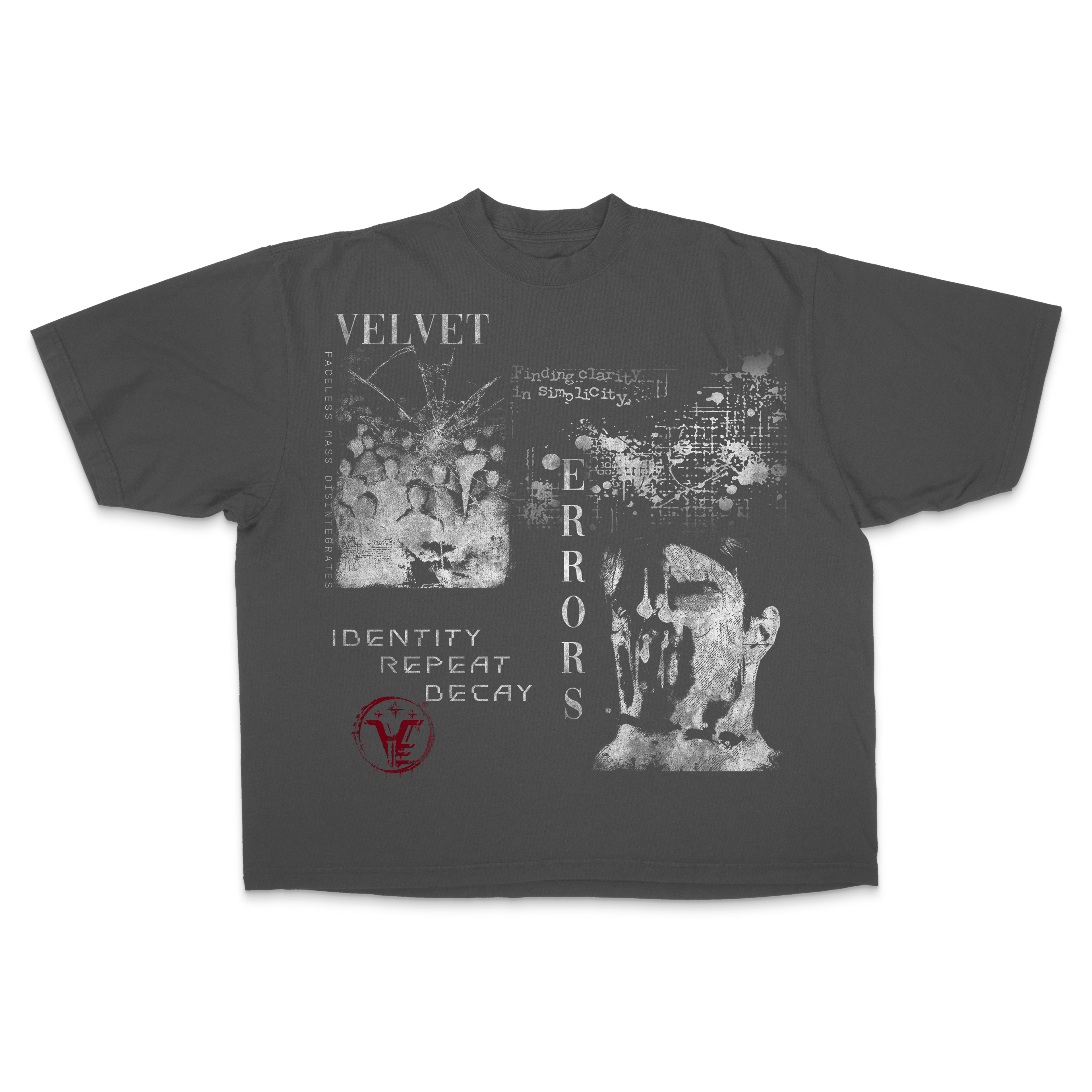 Small grey Decay Drop T-shirt by Velvet Errors featuring a relaxed fit and graphic decay design on soft cotton fabric.