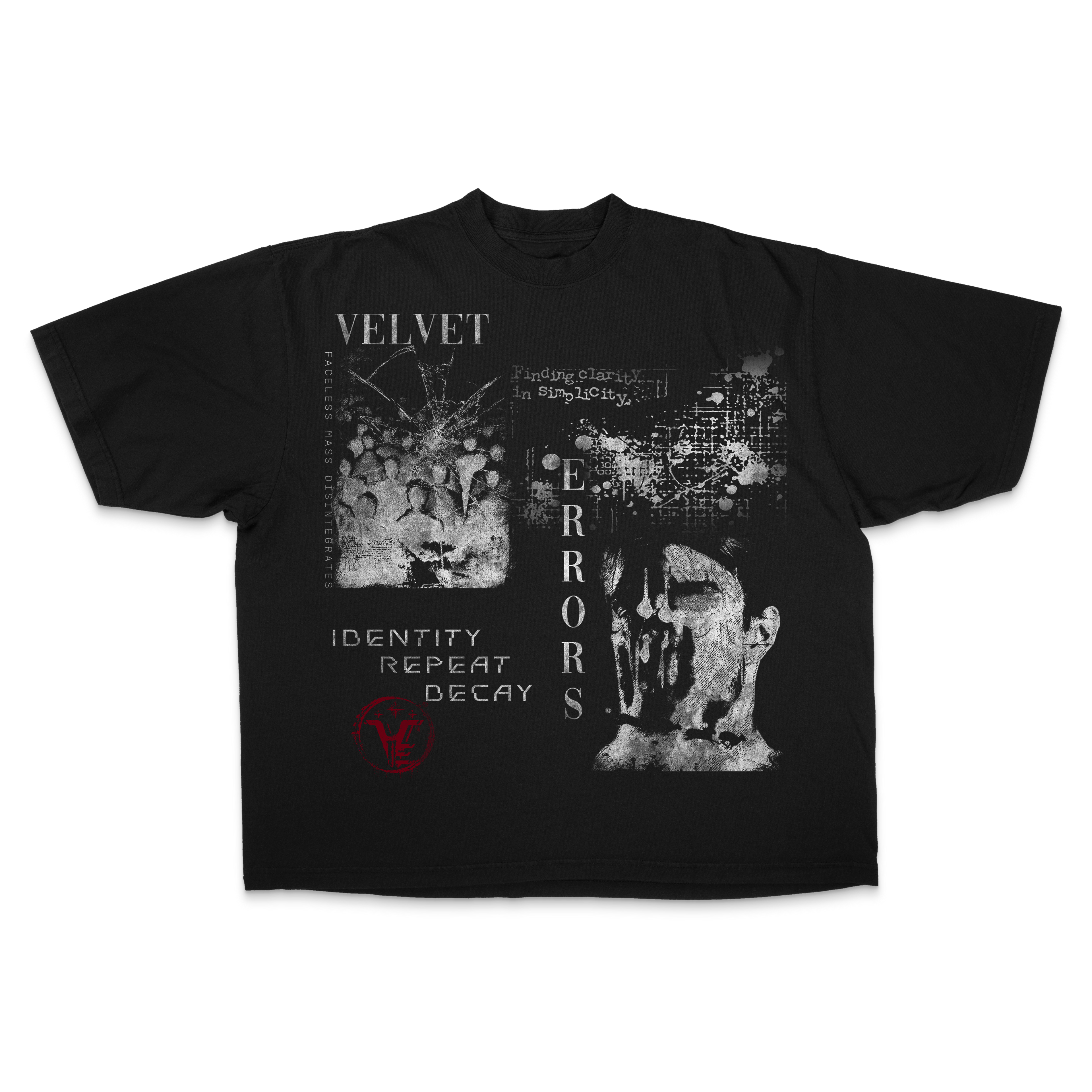 Gray Decay Drop T-shirt by Velvet Errors featuring a distressed graphic design on the front.