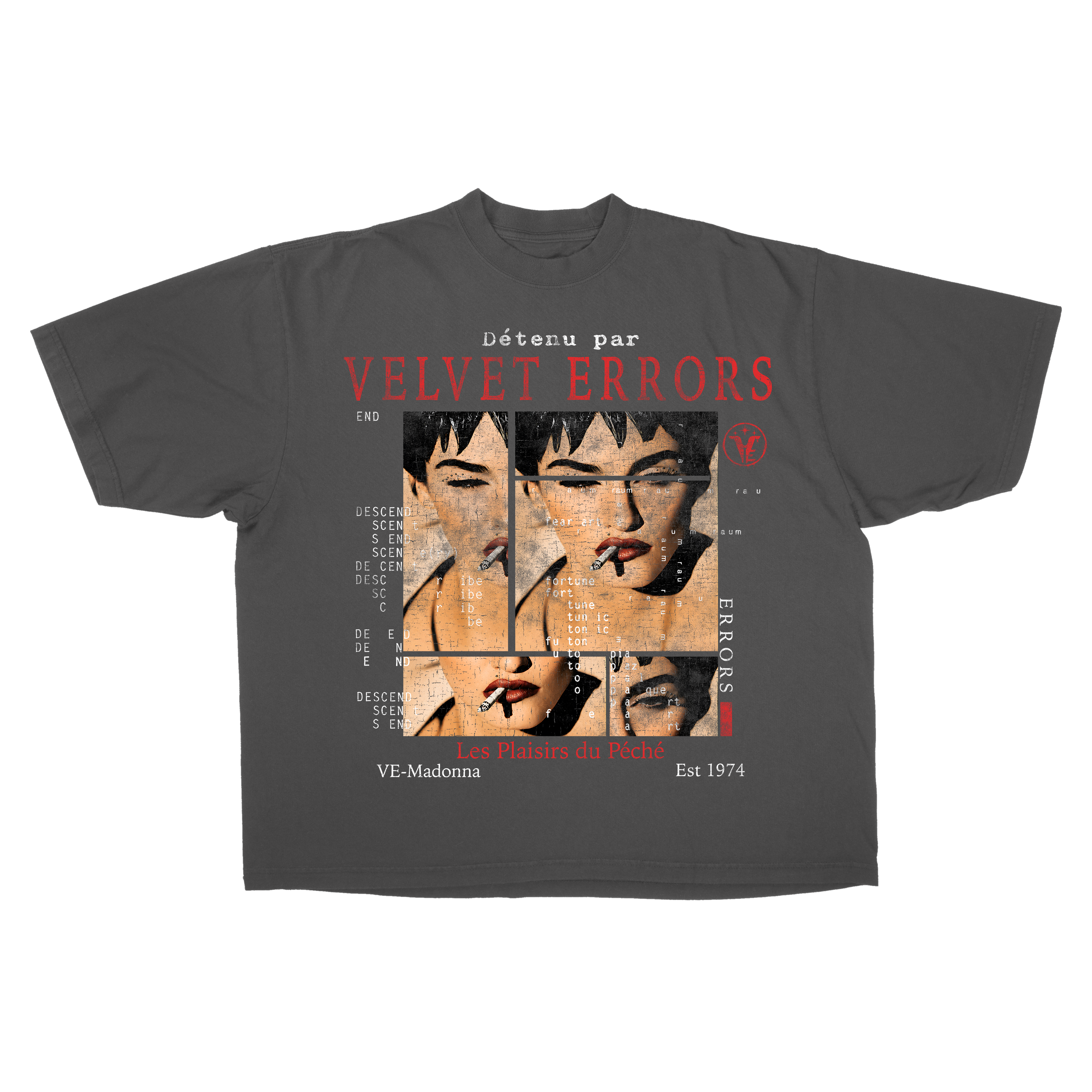 Small grey Madonna Drop Tee from Velvet Errors featuring a relaxed fit and classic graphic design.