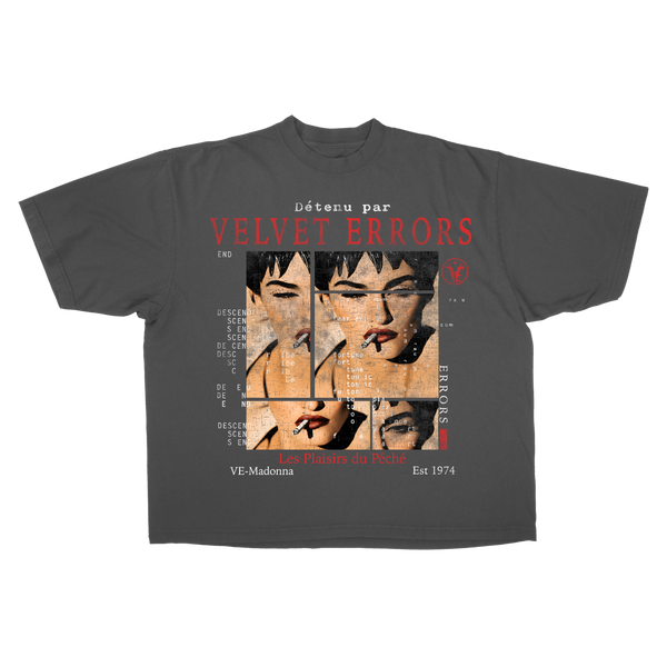 Small grey Madonna Drop Tee from Velvet Errors featuring a relaxed fit and classic graphic design.