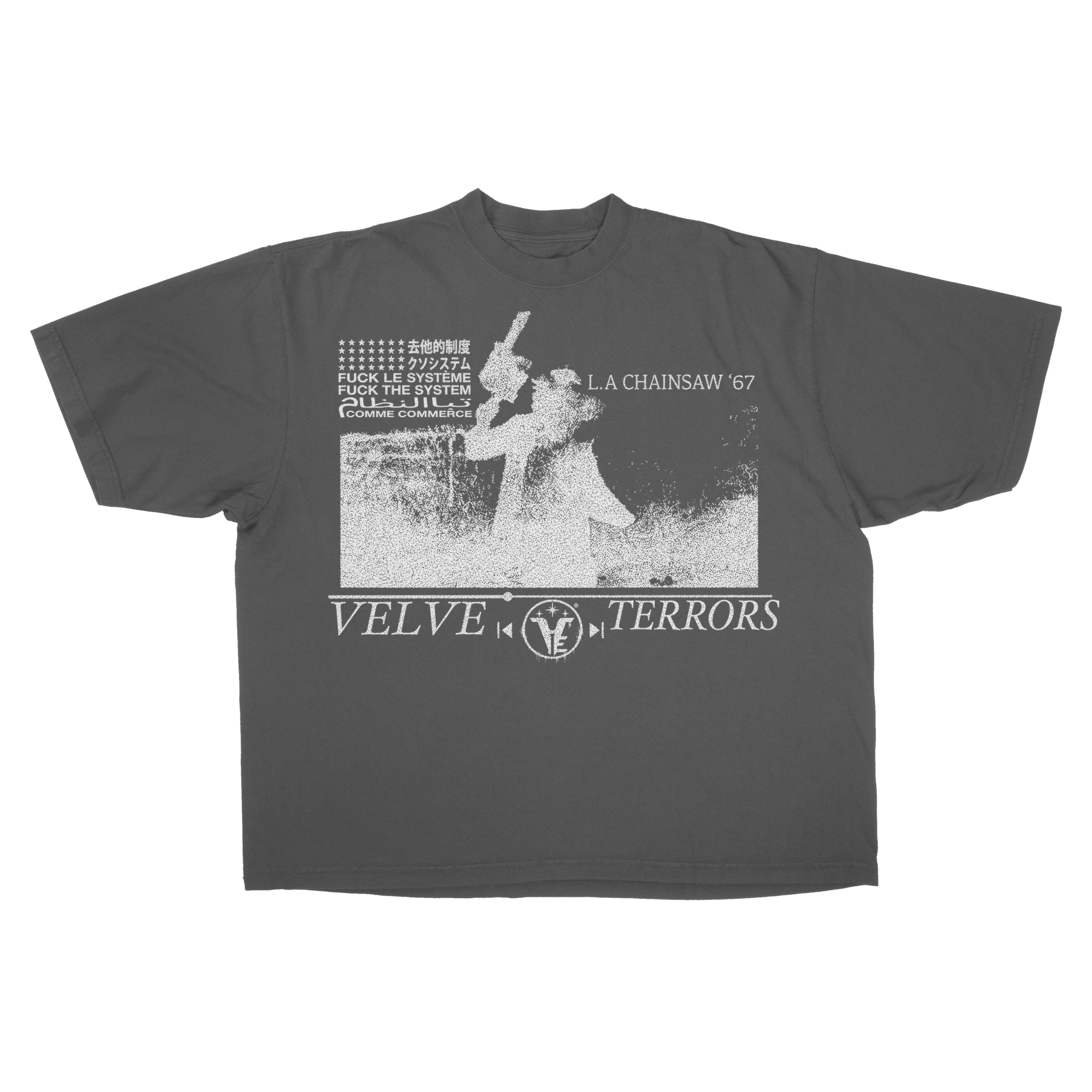 Small grey Velvet Errors Terrors drop tee featuring a soft velvet fabric and graphic design on the front.