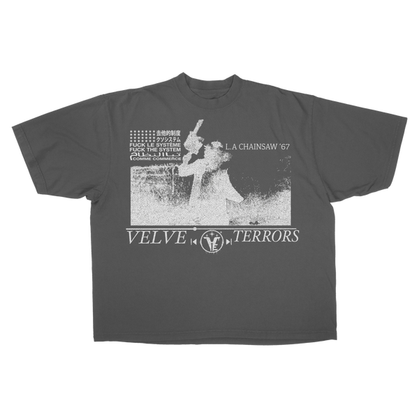 Small grey Velvet Errors Terrors drop tee featuring a soft velvet fabric and graphic design on the front.