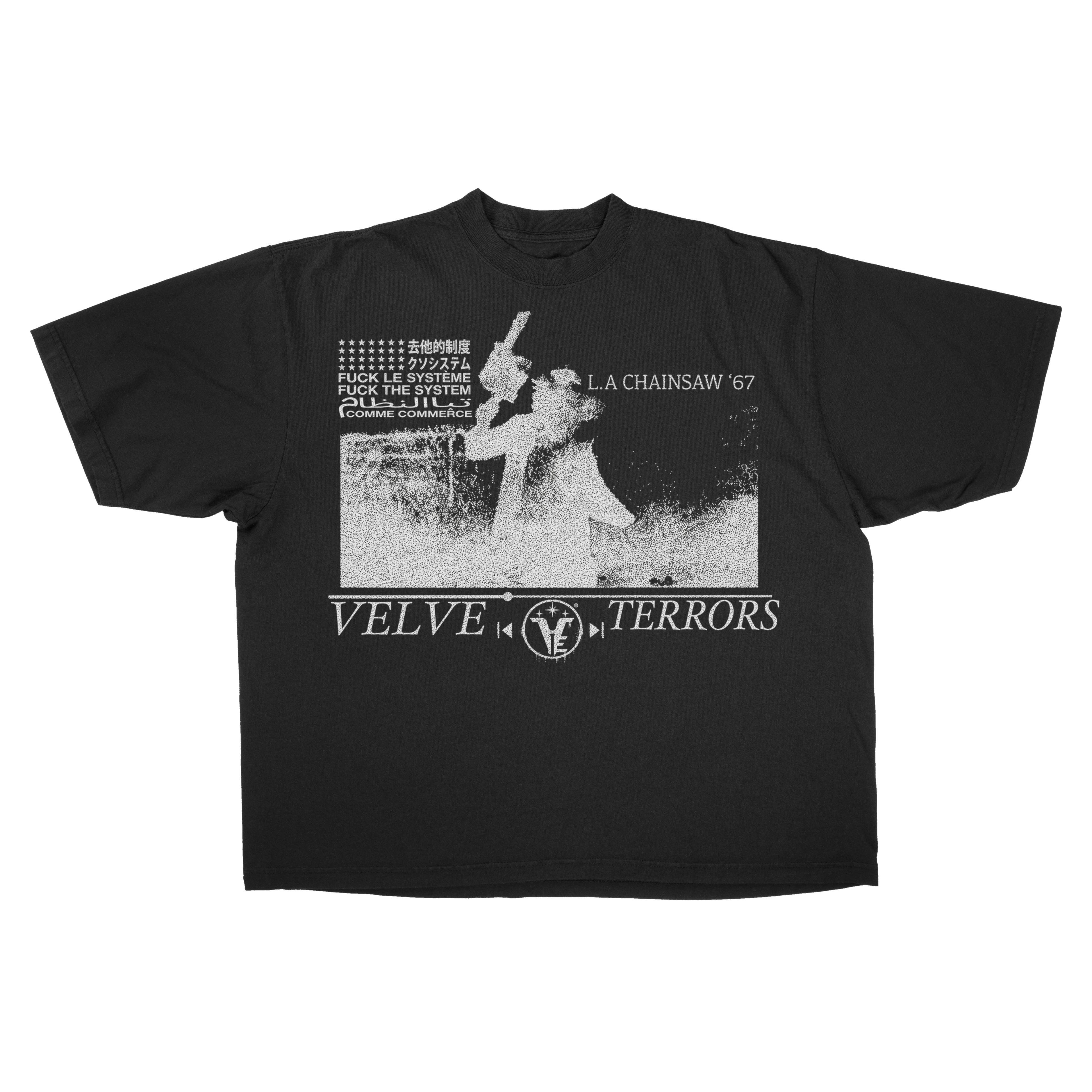 Small grey Velvet Errors Terrors drop tee featuring a soft velvet fabric and graphic design on the front.