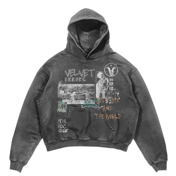 Small grey Velvet Errors Velvet Sins hoodie featuring a soft velvet fabric and a relaxed fit.