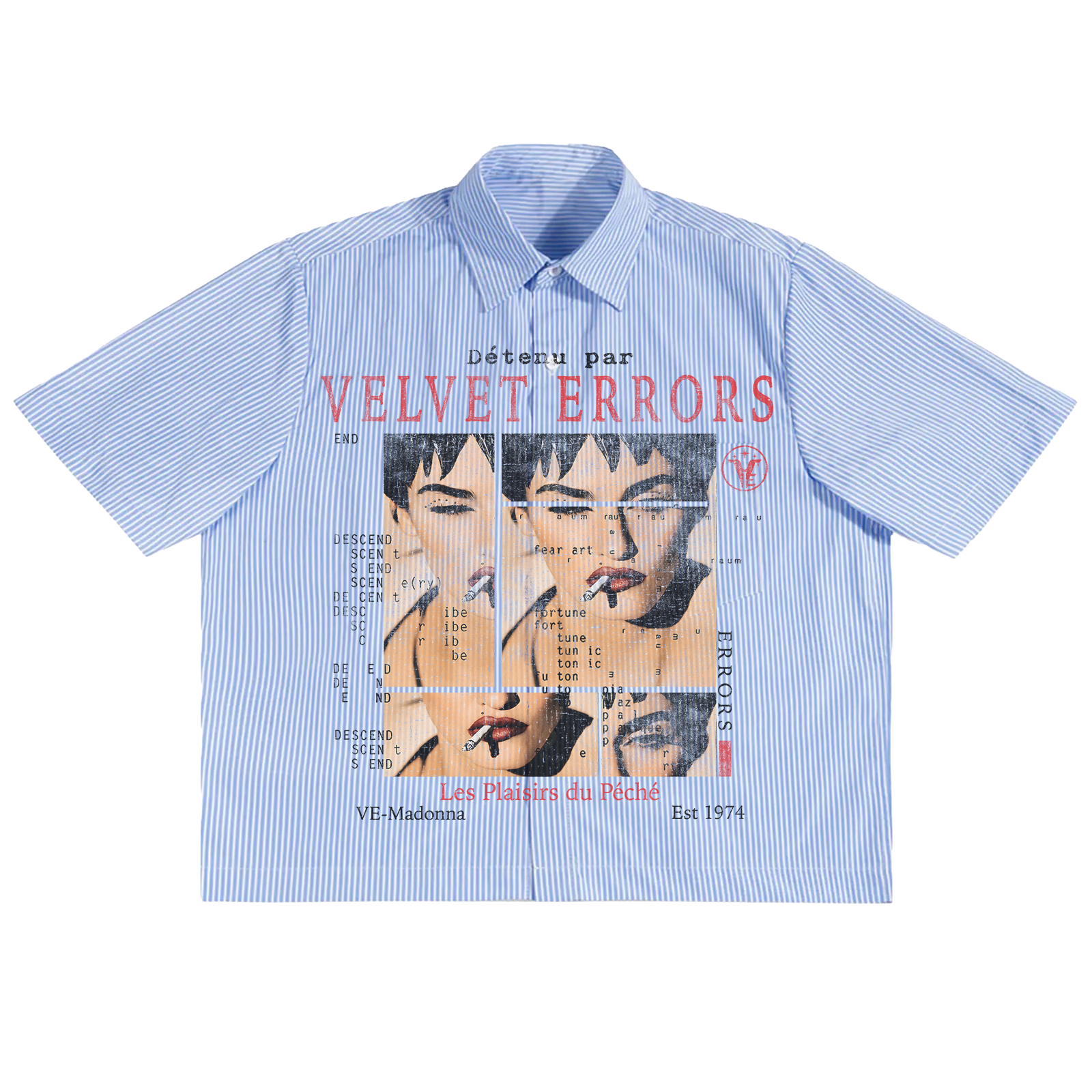 Velvet Errors Madonna button-up shirt in black with white graphic print, fitted long-sleeve casual top for women.