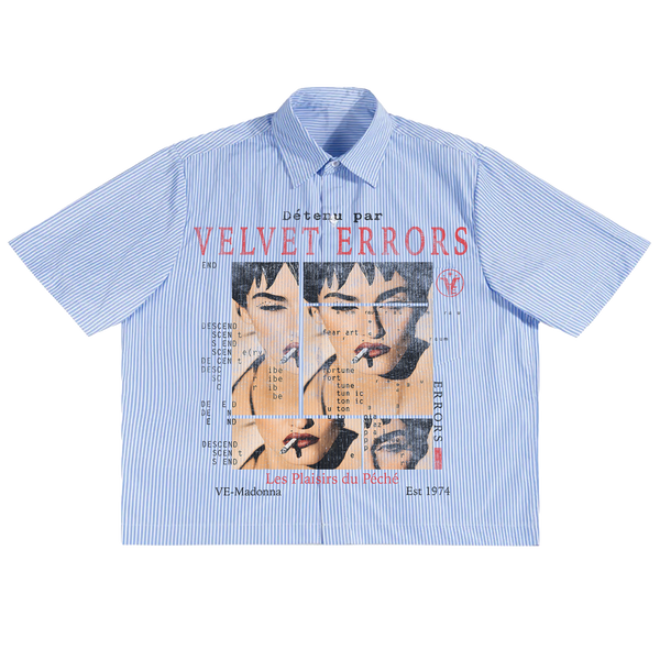 Velvet Errors Madonna button-up shirt in black with white graphic print, fitted long-sleeve casual top for women.