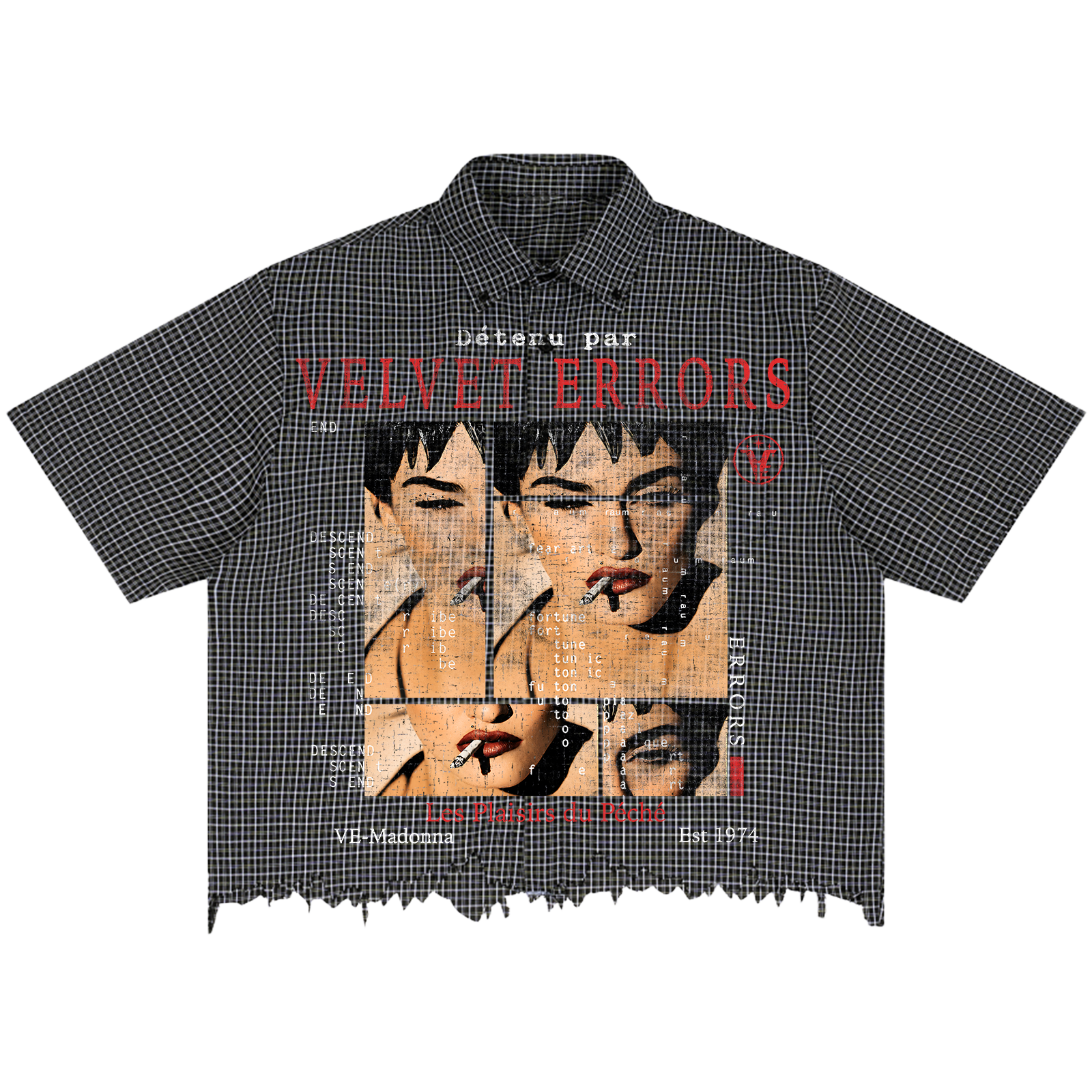 Velvet Errors Madonna Distress Button Up shirt with a distressed design, displayed on a flat lay with a white background.