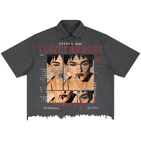 Velvet Errors Madonna Distress Button Up shirt with a distressed design, displayed on a flat lay with a white background.