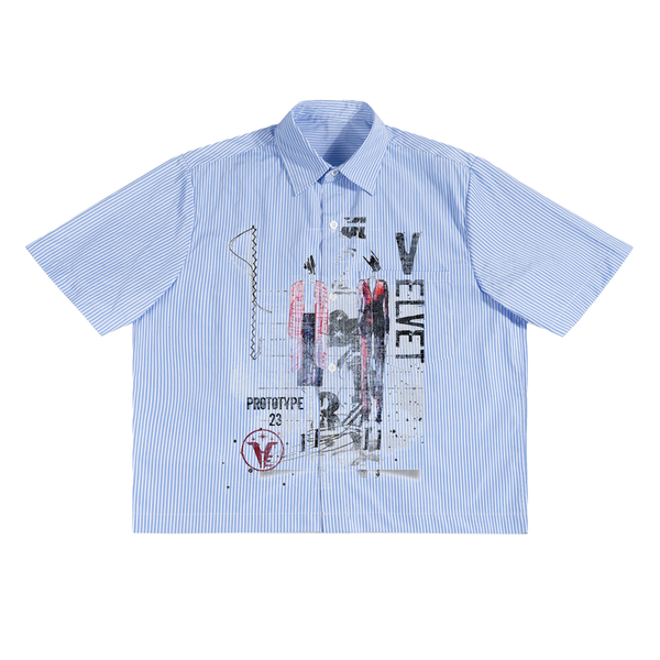 Velvet Errors Prototype 23 Button Up shirt in dark fabric with a collar and button closure, shown in a close-up view.