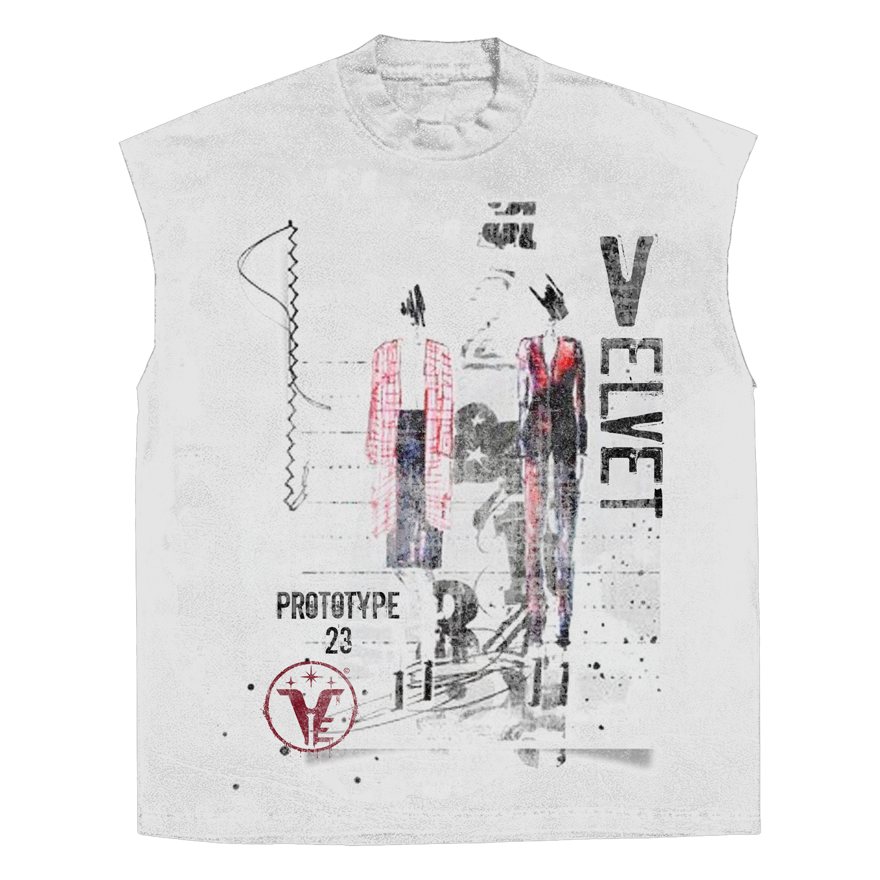 Velvet Errors Prototype 23 Sleeveless Tee in black, with a relaxed fit and minimal design, displayed on a plain background.