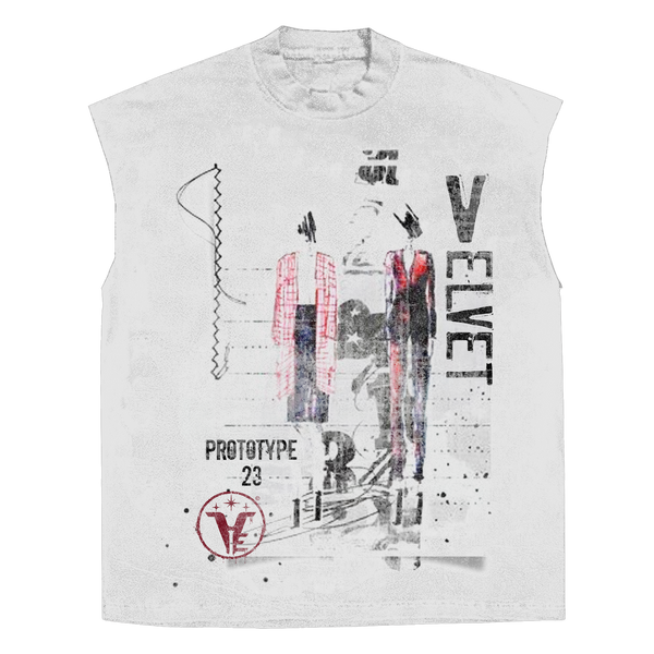 Velvet Errors Prototype 23 Sleeveless Tee in black, with a relaxed fit and minimal design, displayed on a plain background.