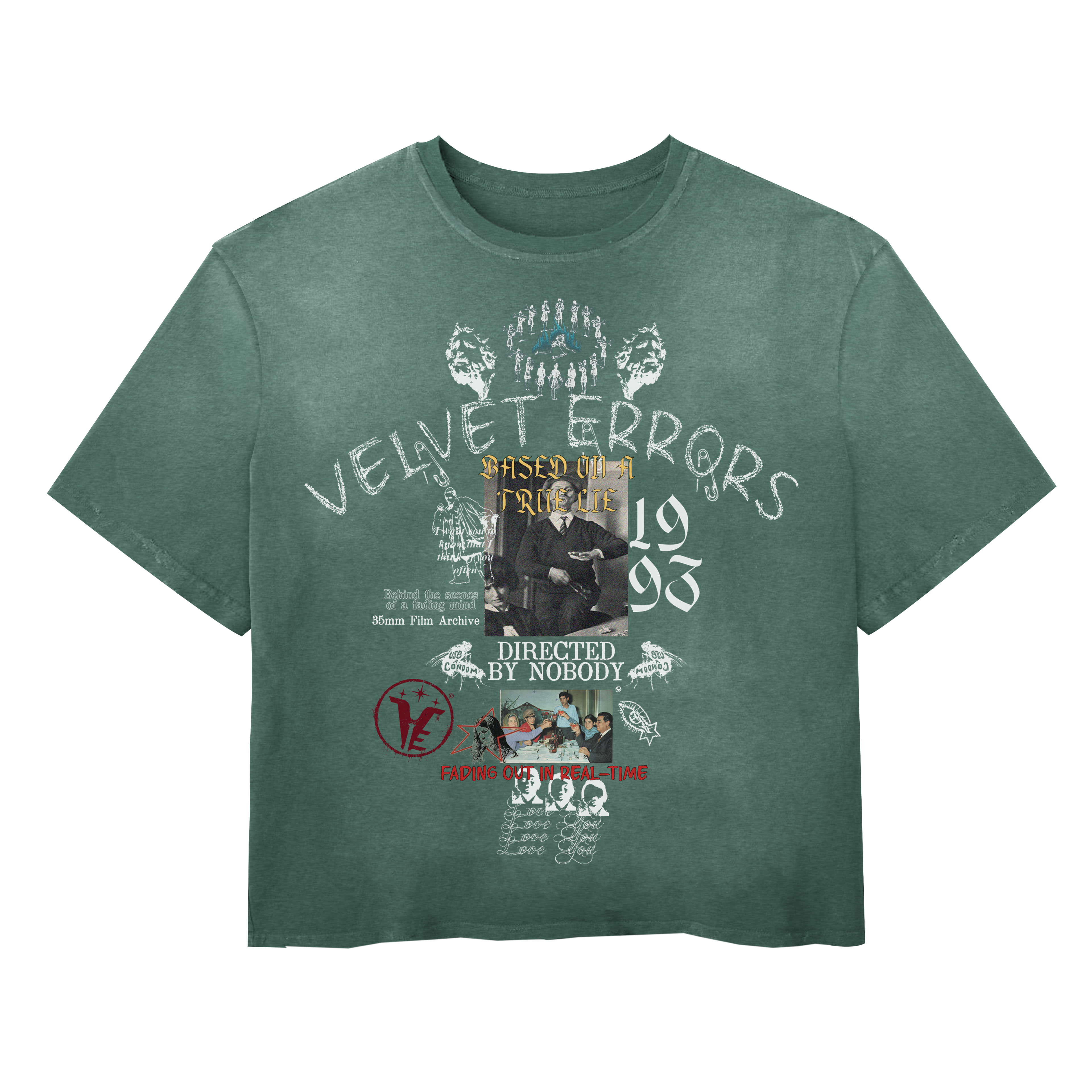 Red Velvet Errors True Lies Wash Tee featuring a classic crewneck and distressed design, displayed flat on a white background.
