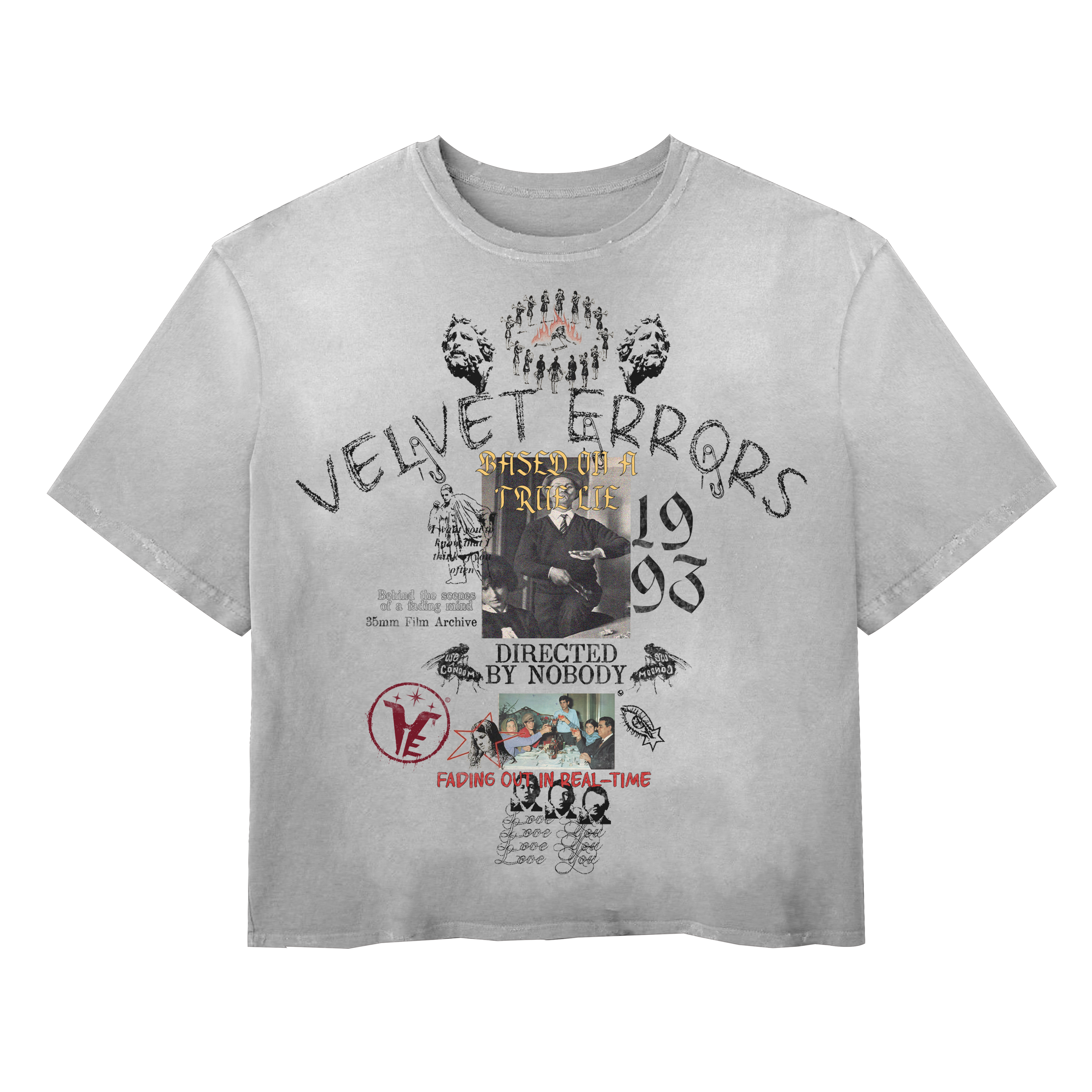 Red True Lies Wash Tee by Velvet Errors, featuring a casual cotton t-shirt with graphic print, displayed flat on a white background.