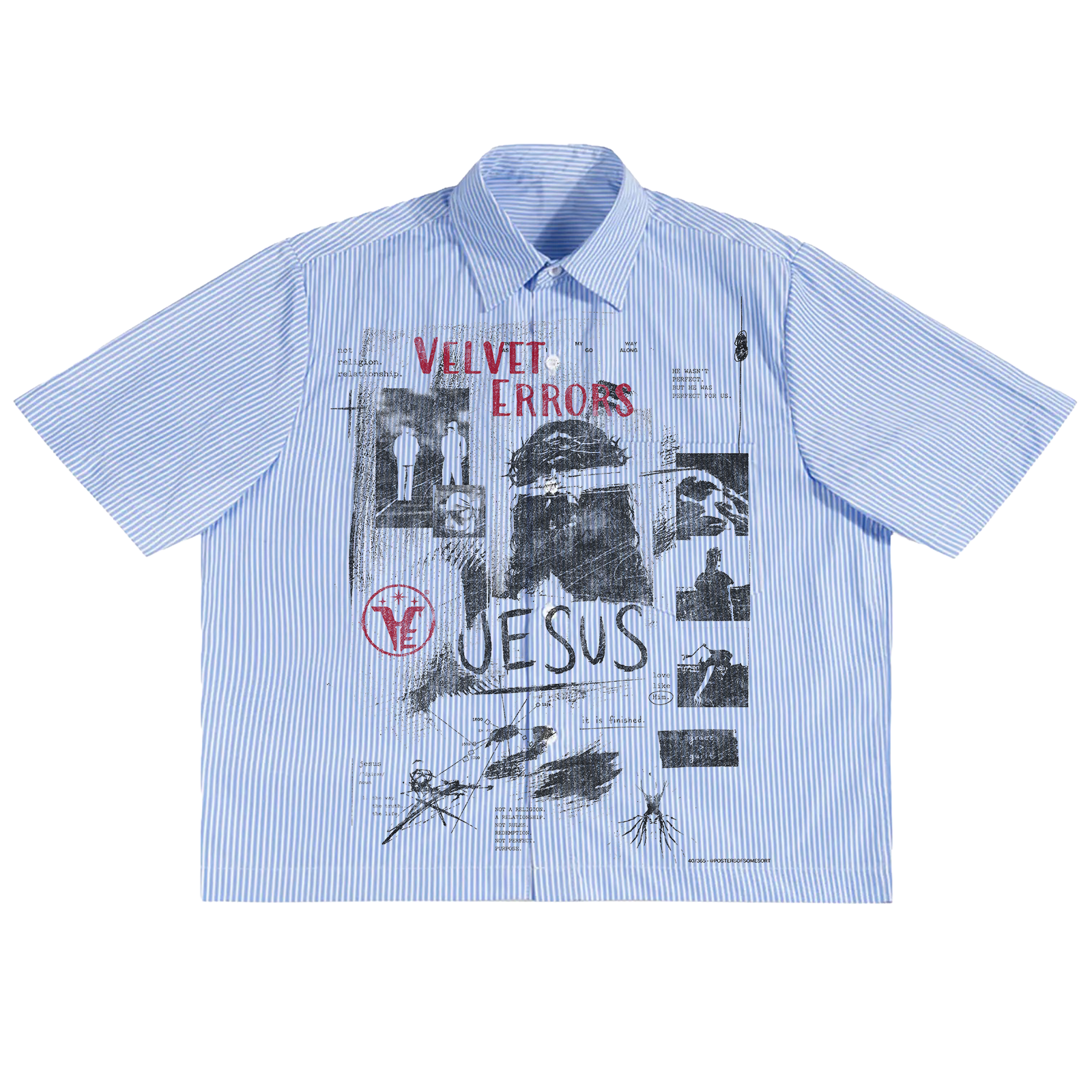Red Velvet Errors men's Redemption Button Up shirt in red with collar and button-front design.