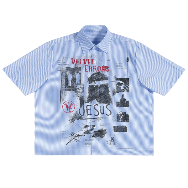 Red Velvet Errors men's Redemption Button Up shirt in red with collar and button-front design.