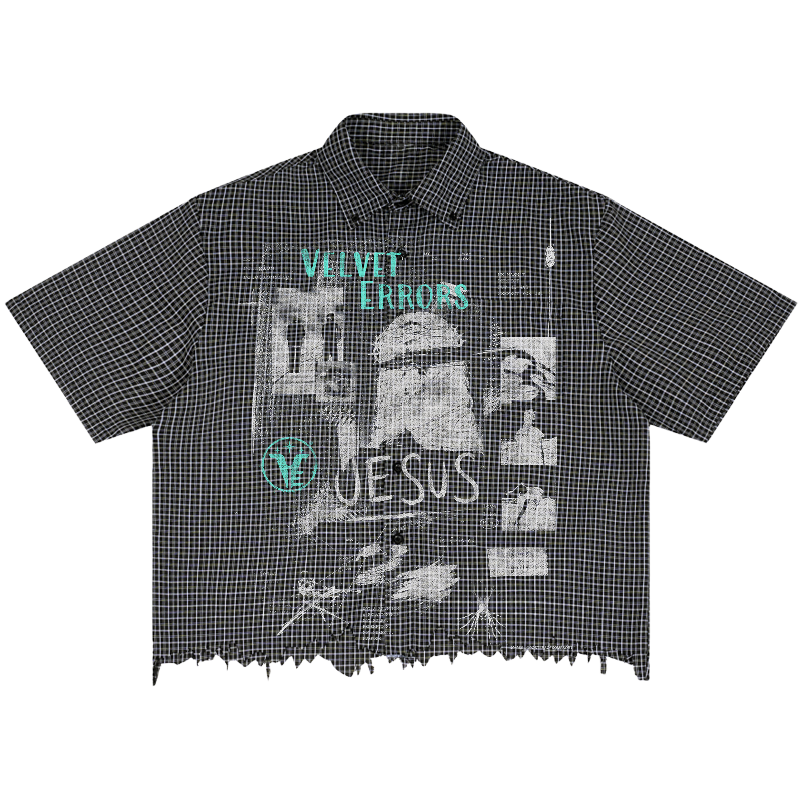 Red Velvet Errors Redemption Distress Button-Up shirt in red with distressed fabric and button front, casual streetwear style.