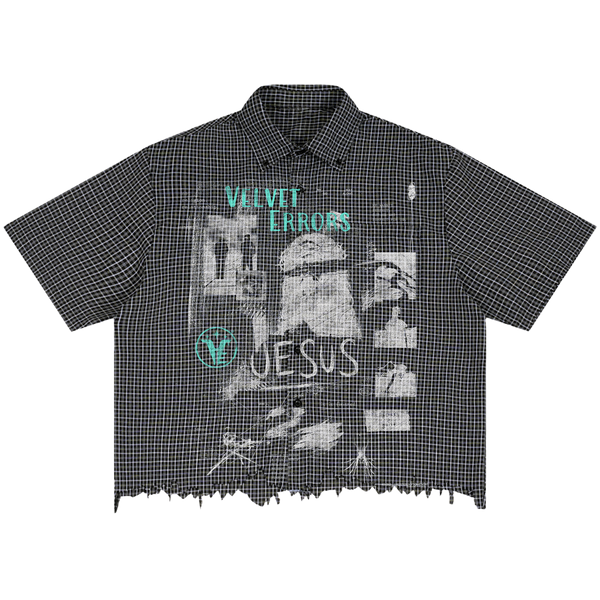 Red Velvet Errors Redemption Distress Button-Up shirt in red with distressed fabric and button front, casual streetwear style.
