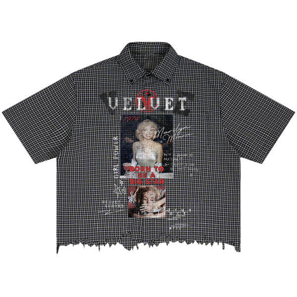 Velvet Errors Rockstar Distress Button Up shirt in black with distressed fabric and classic collar, casual men's fashion top.