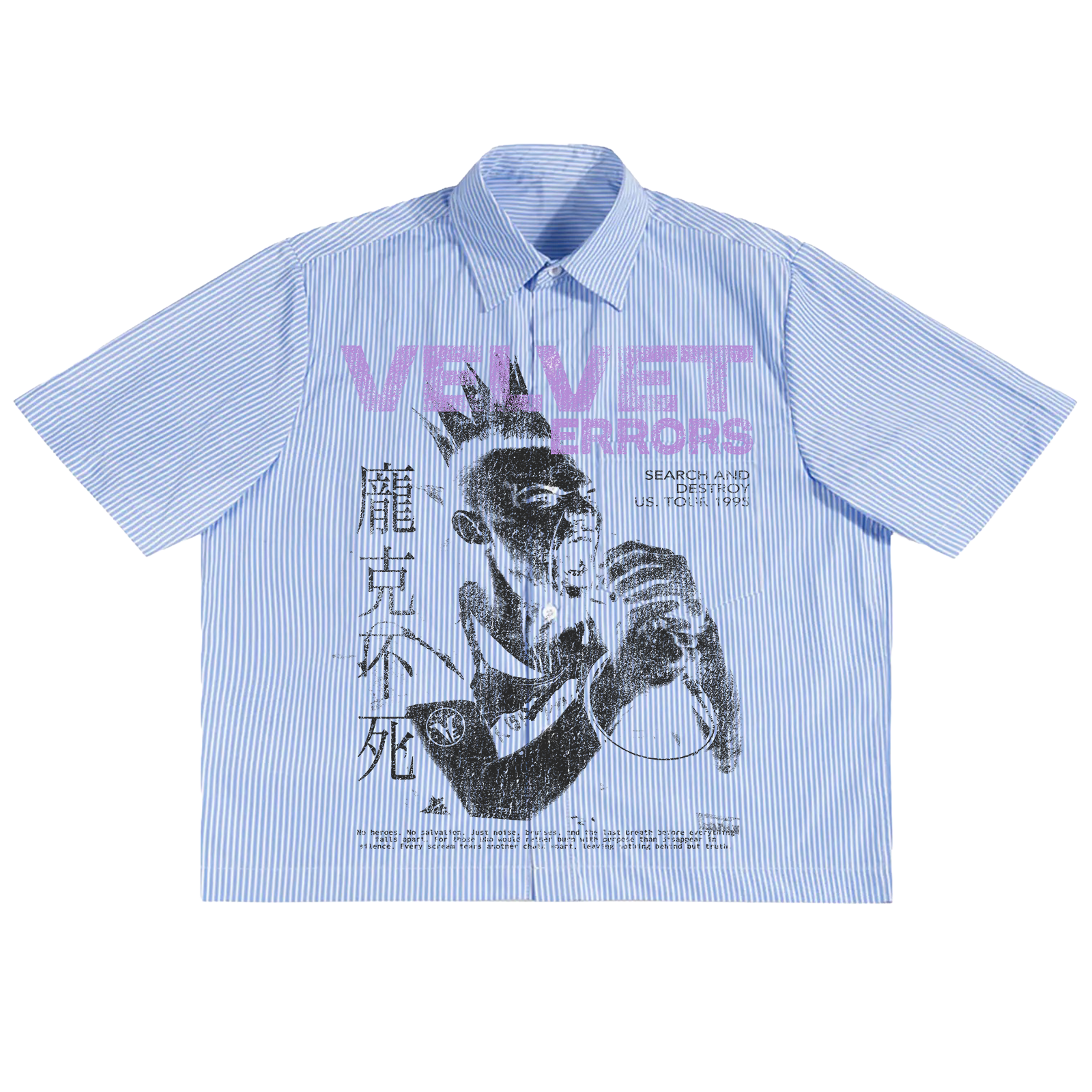 Velvet Errors Search & Destroy button-up shirt in black with long sleeves and classic collar, shown on a mannequin.