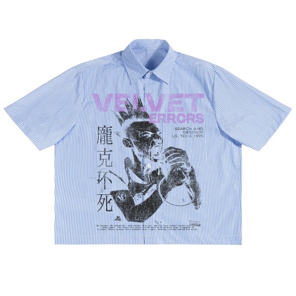 Velvet Errors Search & Destroy button-up shirt in black with long sleeves and classic collar, shown on a mannequin.