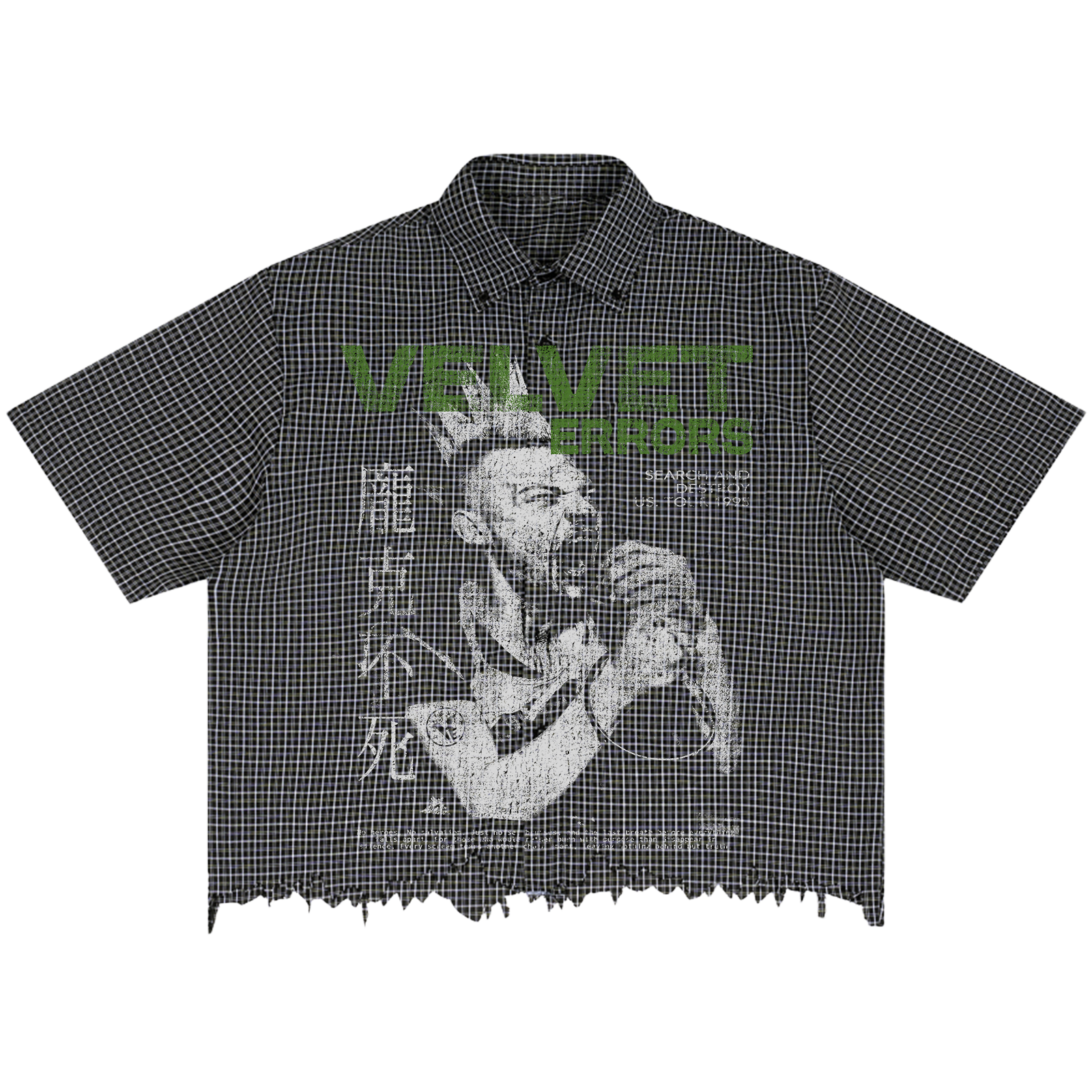 Velvet Errors Search & Destroy Distress Button Up shirt with distressed fabric and casual fit, displayed on a hanger.