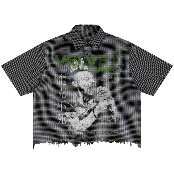 Velvet Errors Search & Destroy Distress Button Up shirt with distressed fabric and casual fit, displayed on a hanger.
