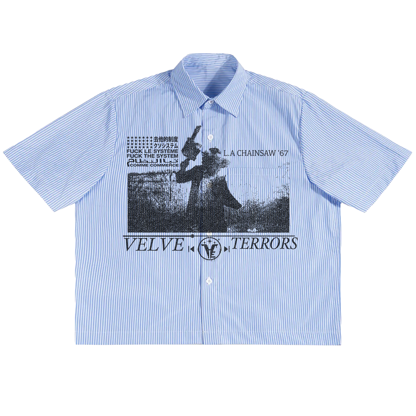 Velvet Errors Terrors button-up shirt in dark velvet fabric with a classic collar and button front detail.