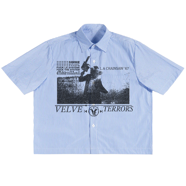 Velvet Errors Terrors button-up shirt in dark velvet fabric with a classic collar and button front detail.