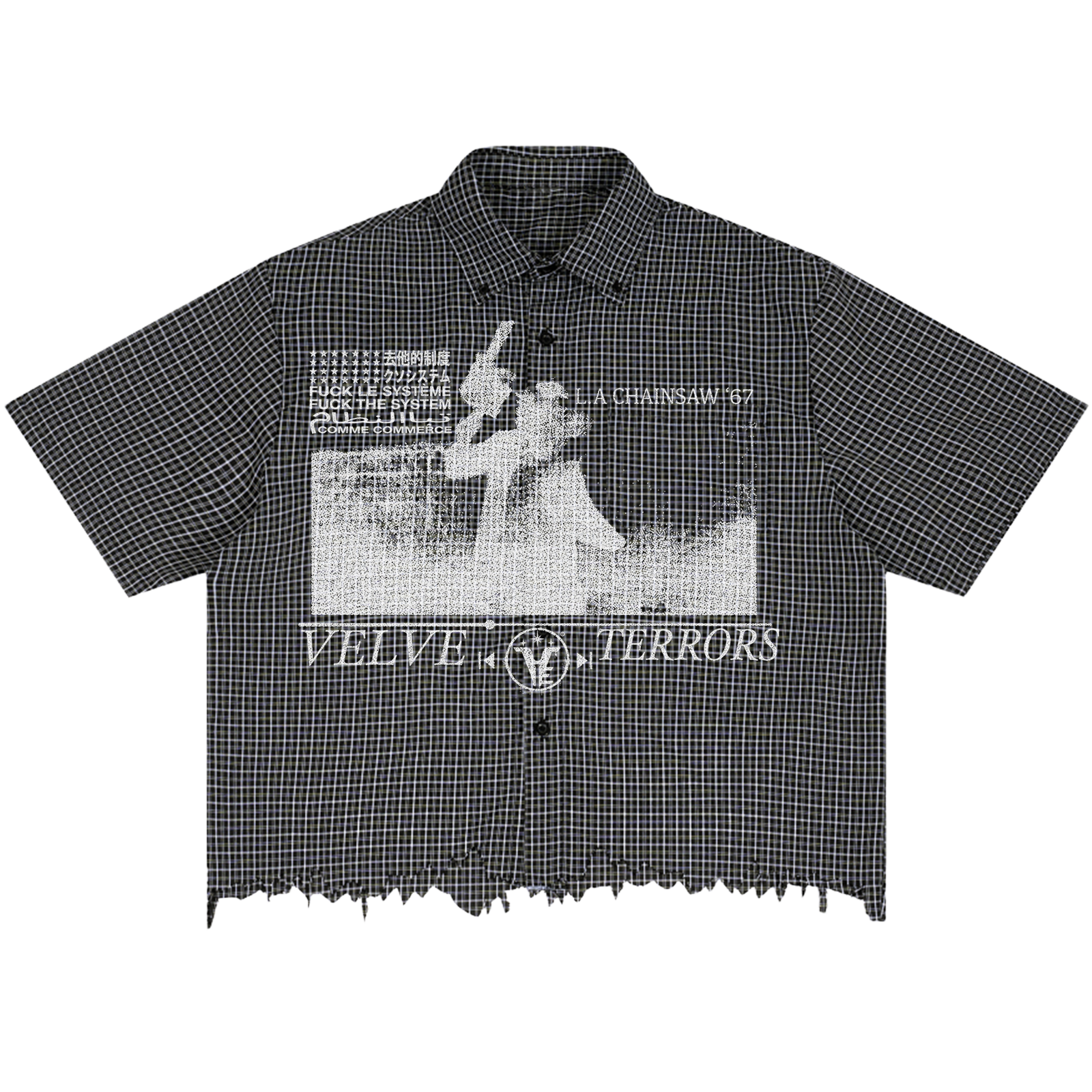 Velvet Errors Terrors distress button-up shirt in black with a distressed design and long sleeves, casual streetwear style.