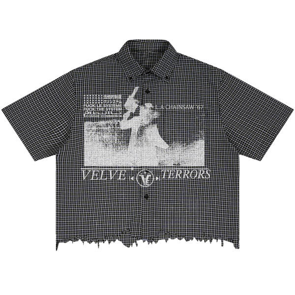 Velvet Errors Terrors distress button-up shirt in black with a distressed design and long sleeves, casual streetwear style.