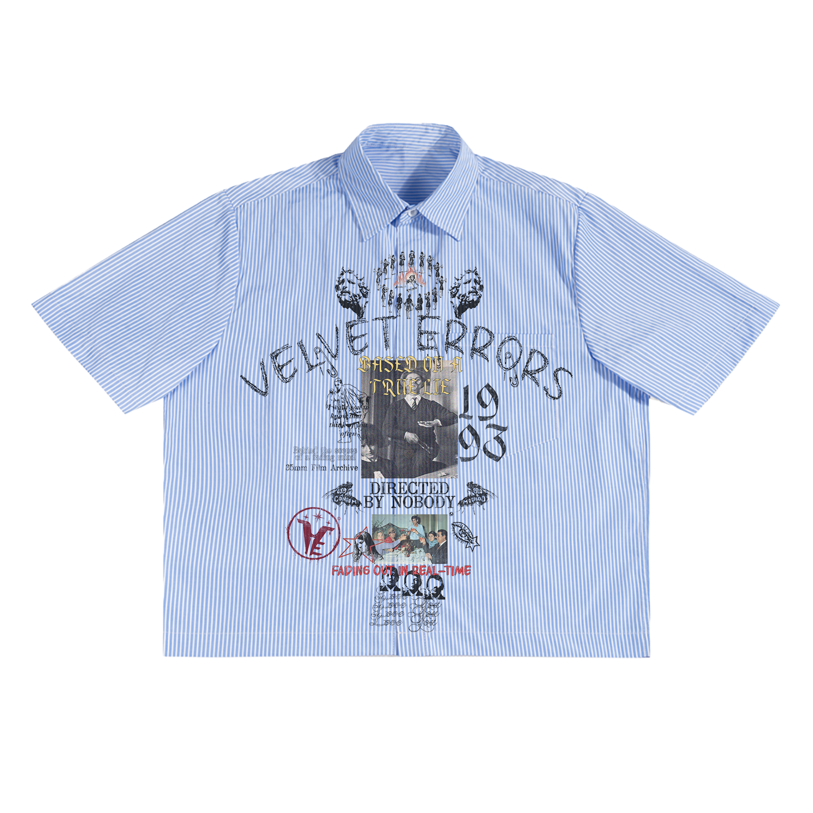 Velvet Errors True Lies button-up shirt in dark fabric, featuring a classic collar and long sleeves.