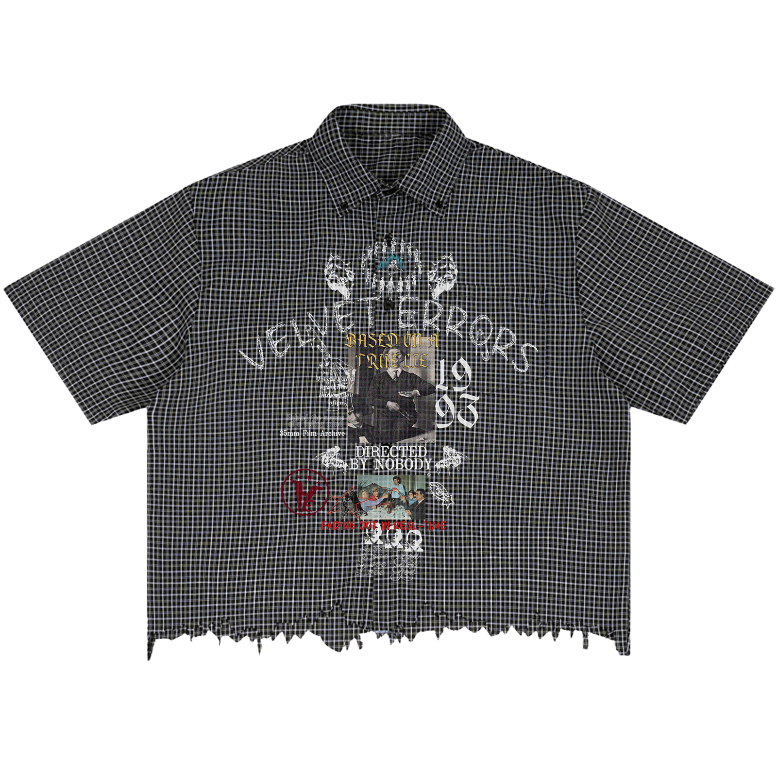 Velvet Errors True Lies distressed button-up shirt in dark fabric, featuring a casual fit and rugged style.