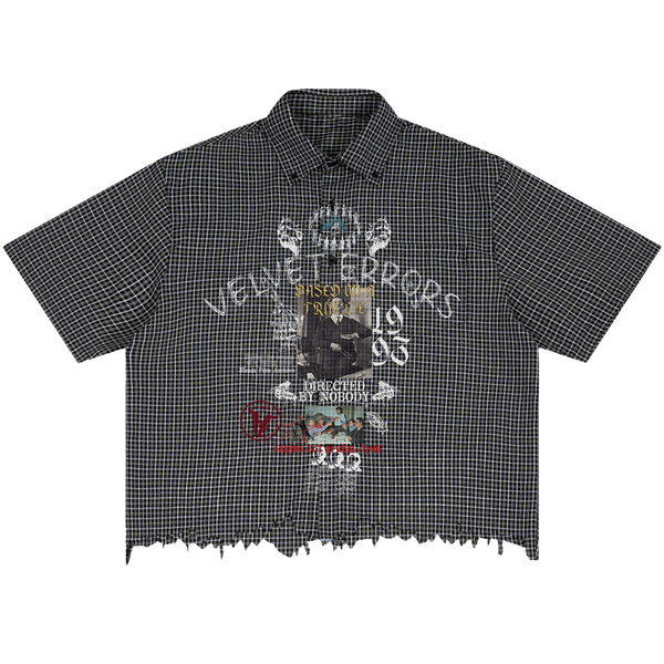 Velvet Errors True Lies distressed button-up shirt in dark fabric, featuring a casual fit and rugged style.