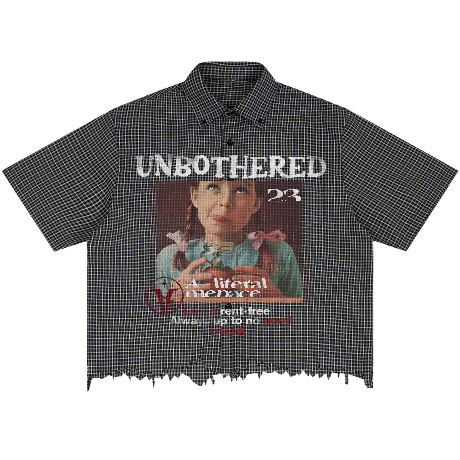 Velvet Errors Unbothered distress button-up shirt in black with a relaxed fit and distressed details.